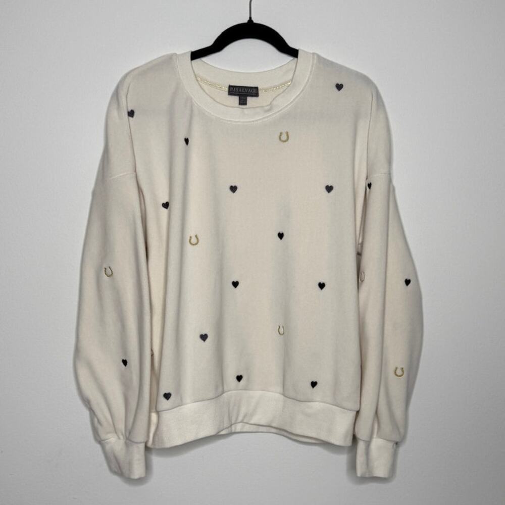 PJ Salvage Hearts and Horseshoes Long Sleeve Fleece Top– Size L
